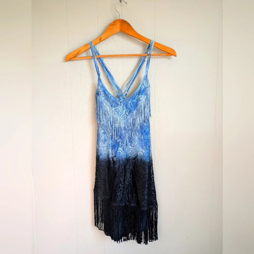 Free People‎ Shake It Up Mini Dress Blue Ombré Fringe Festival Y2K Size 4